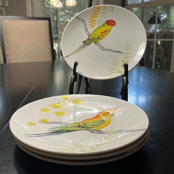 NEW Grace Anthropologie Set 4 Ceramic Parakeet Bird Salad Sandwich Dessert Pl…